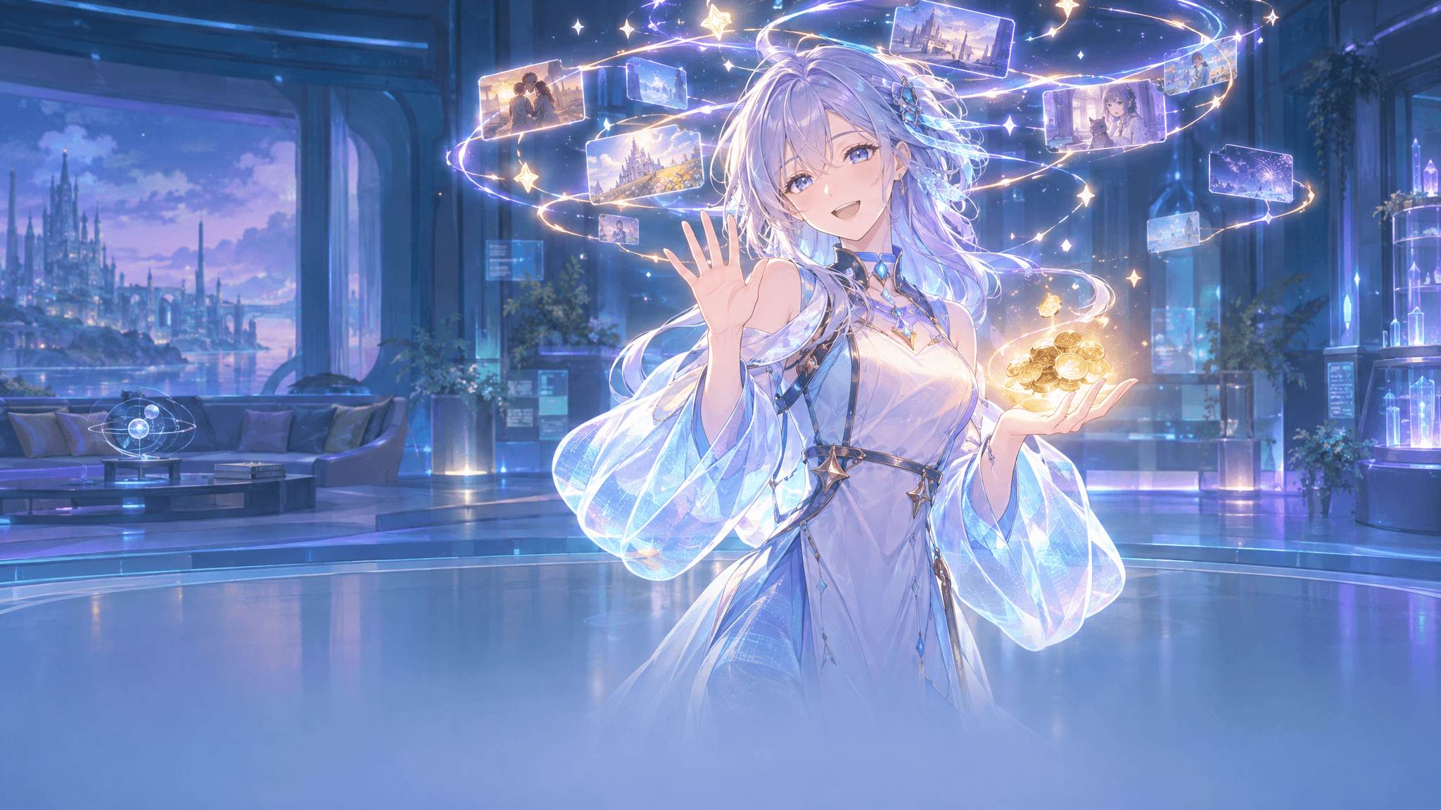 A friendly holographic character waves in a teal holo-chamber, memory threads spiraling above her and golden coins glowing in her open palm.
